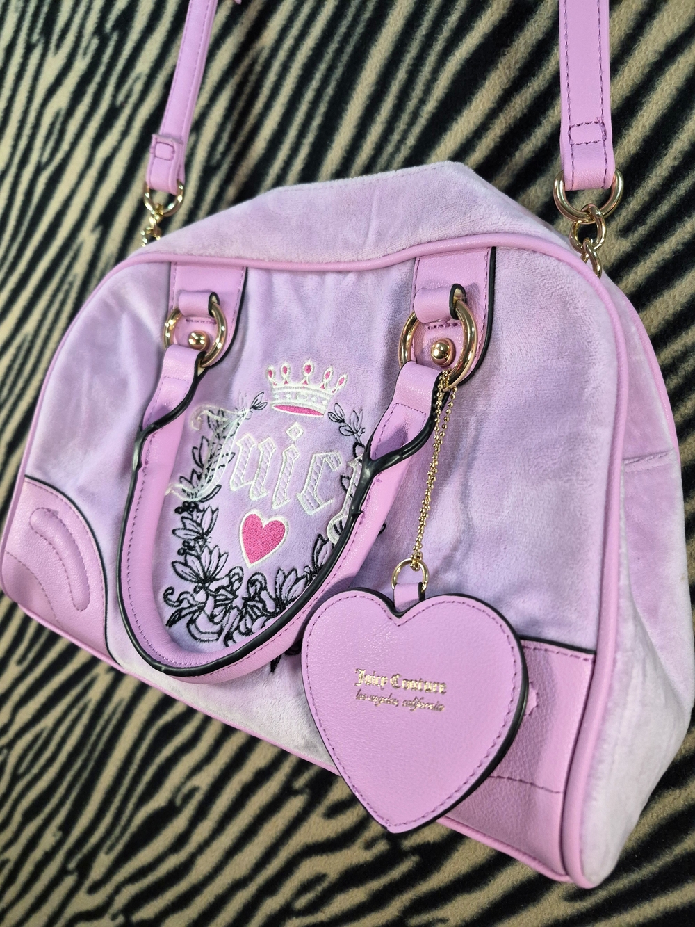 NWOT Juicy Couture Heritage Velour Bowler Satchel Bag with Heart Charm